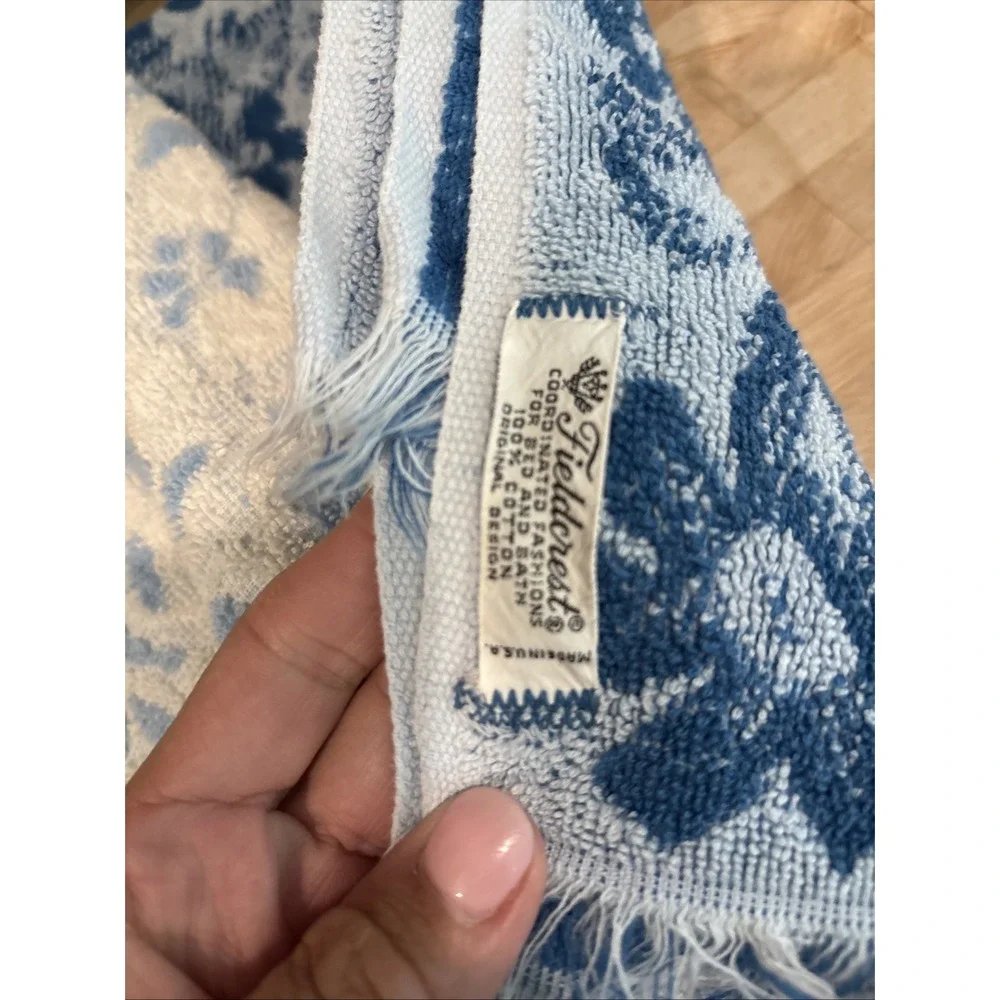 2 Vintage Fieldcrest Cotton Hand Dish Towel Blue Flowers Cottagecore Grandmacore